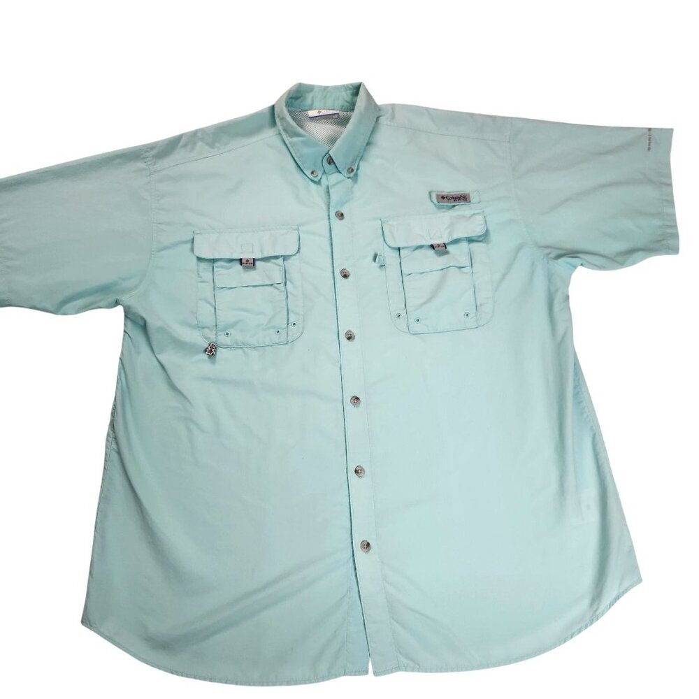 Columbia Mens PFG Short Sleeve Button-Up Fishing Shirt Size L Gulf Stream Blue
